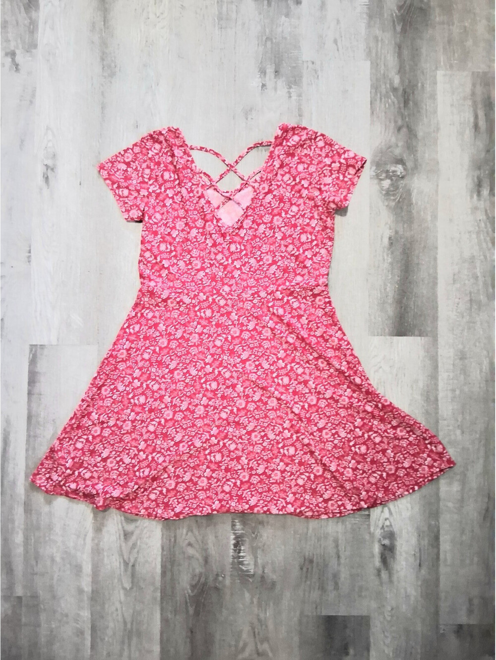 2 Dye 4 Medium, Red Floral Crisscross Back Short Sleeve Skater Casual Mini Dress